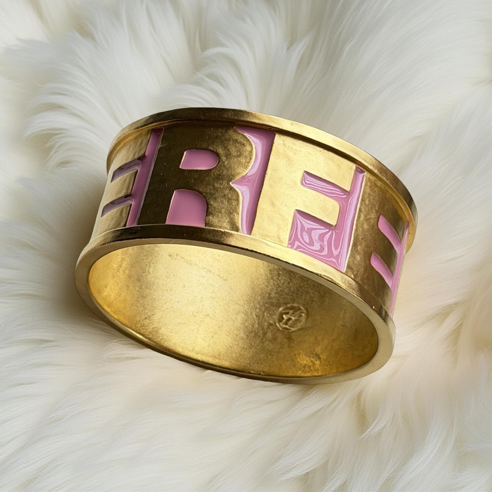 Karl Lagerfeld 80s Vintage Pink Enamel Gold Logo Letters Bangle Bracelet 8” - Picture 8 of 17